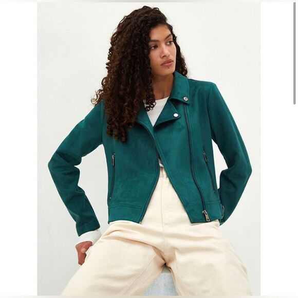 🆕 SHINESTAR | Emerald Green Faux Suede Moto Jacket Size Large NWT - Picture 1 of 9